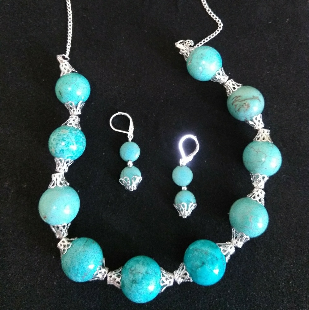Painted turquoise handcrafted silver necklace and